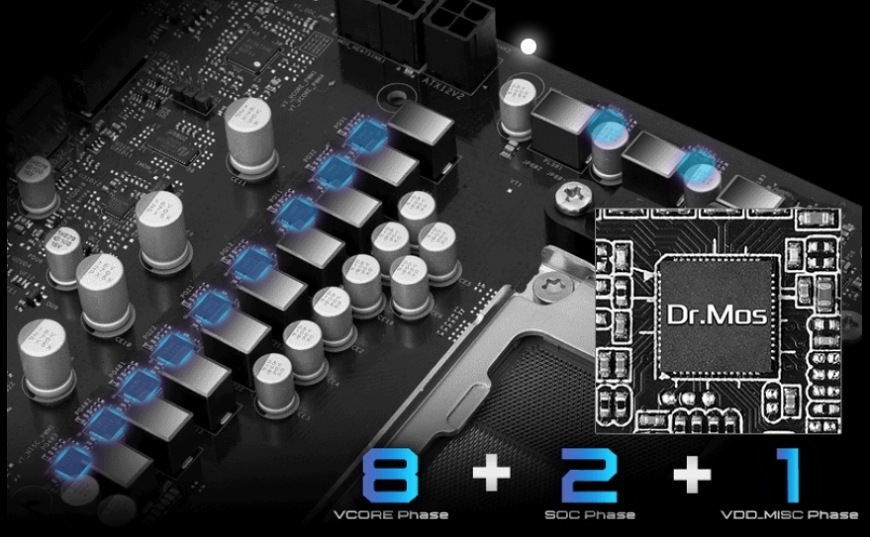 Základní deska ASRock B850M PRO-A WIFi Detail napájecí kaskády Dr.MOS u základní desky ASRock B850M Pro-A pro stabilní napájení CPU