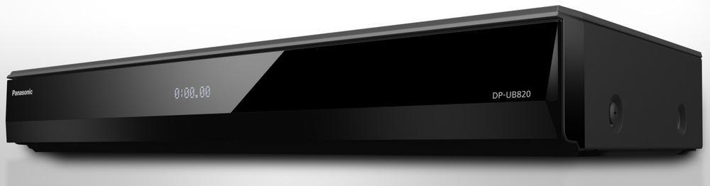 Blu-ray přehrávač Panasonic DP-UB820AG-K černý Detailní pohled na přední panel přehrávače s displejem a označením modelu