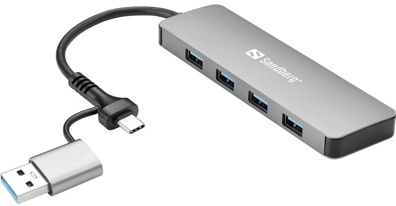 USB Hub Sandberg USB-C/A, 4× USB 3.0 - stříbrný