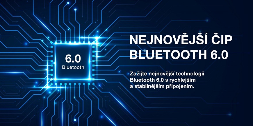 Grafické znázornění nejnovějšího čipu Bluetooth 6.0 na modré desce plošných spojů. Čip zajišťuje rychlejší a stabilnější bezdrátové připojení sluchátek Hyundai HBTM 50RT