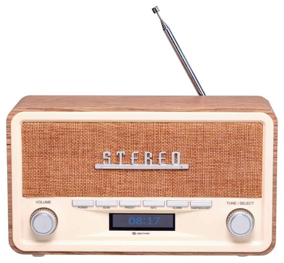 Radiopřijímač Denver DAB-18 zepředu s vysunutou anténou
