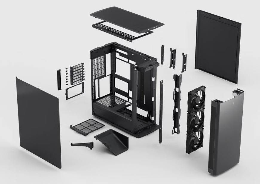 Rozložená konstrukce skříně FRACTAL DESIGN Define One Dark Solid s panely, ventilátory a držáky