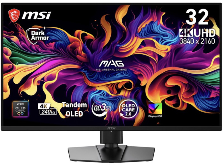 Černý herní monitor MSI MAG 321UP QD-OLED X24 s 31,5" obrazovkou na stojanu
