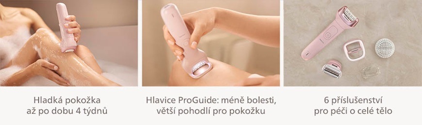 Koláž funkcí epilátoru Philips BRE718/00 v růžové barvě zobrazující epilaci nohou, použití hlavice ProGuide pro šetrnější odstranění chloupků a příslušenství pro péči o celé tělo.