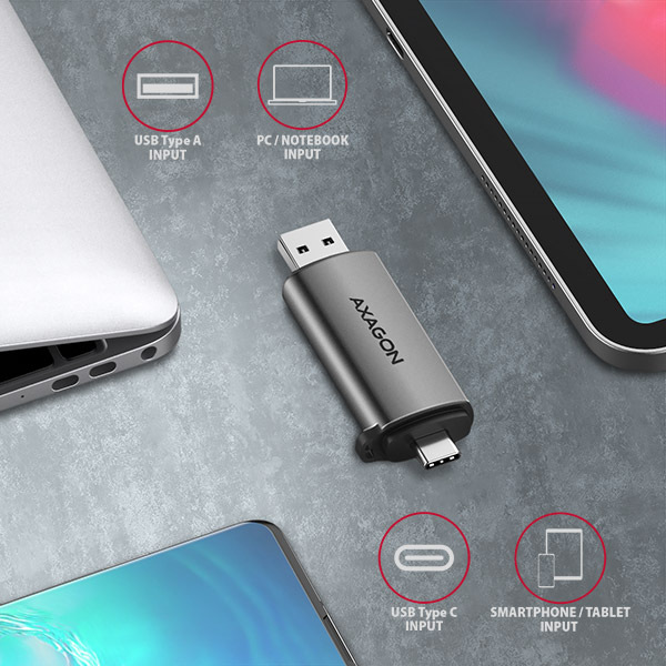 Čtečka paměťových karet Axagon Card Reader USB3.2 Gen 1 Type-C + Type-A, SD/microSD, UHS-I stříbrná Axagon CRE-SAC má USB-A i USB-C