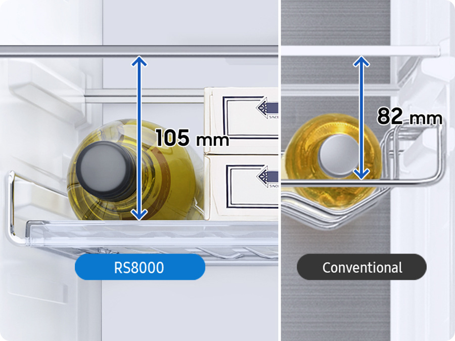 Americká lednice Samsung RS66DG815CSLEF stříbrná Police Rack&Shelf s uloženou lahví, srovnání se standardní nižší výškou držáku na lahve