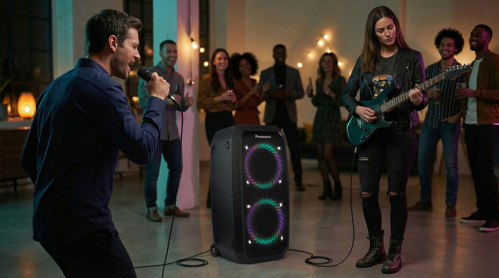 Muž zpívá do mikrofonu a žena hraje na kytaru připojenou k party reproduktoru Panasonic SC-BMAX30