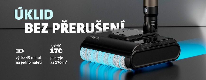 Hubice ETA Terier 3247 00270 černá Banner vysavače ETA Terier s textem „Úklid bez přerušení“. Grafika znázorňuje výdrž baterie 45 minut a schopnost uklidit až 170 m2 na jedno nabití