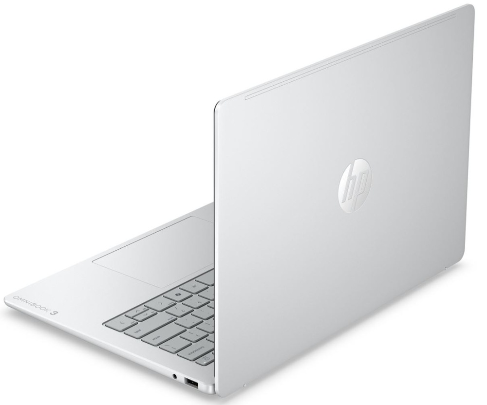 Notebook HP OmniBook 3 14-hu0000ncx + Game Pass předplatné na 2 měsíce stříbrný Zadní pohled na notebook HP OmniBook 3 s logem HP na víku