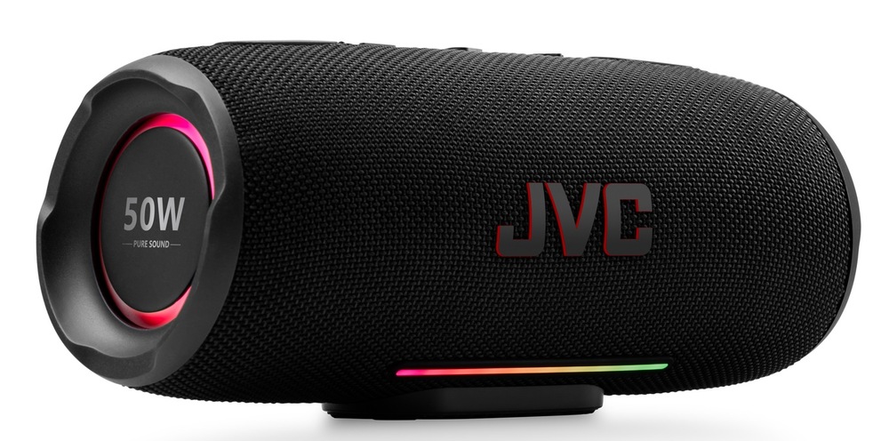 Přenosný Bluetooth reproduktor JVC XS-E425B 50W s LED podsvícením na bílém podkladu