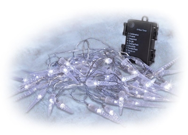 Vánoční osvětlení Solight řetěz - rampouchy, 50LED, časovač, 8 funkcí, IP44, 3xAA baterie, studená bílá