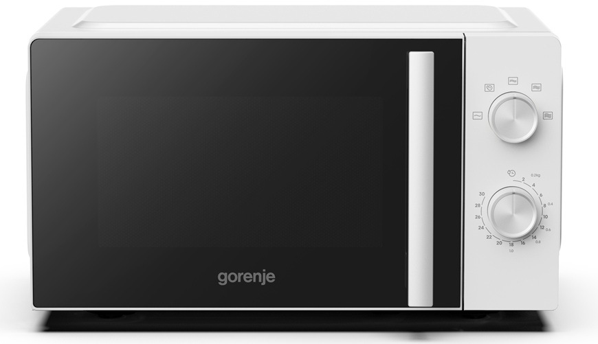Přední pohled na mikrovlnku Gorenje MO20E1WI5 v bílém provedení.