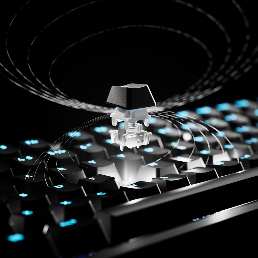 Klávesnice Logitech PRO X2 RAPID, US INT'L černá Detail spínače klávesnice Logitech PRO X2 Rapid nad podsvícenými klávesami