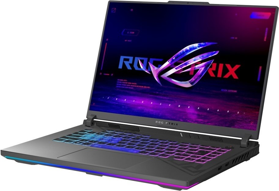 Notebook Asus ROG Strix G16 šedý Notebook ASUS ROG Strix G16 v otevřené poloze s herním motivem na displeji při pohledu šikmo ze strany