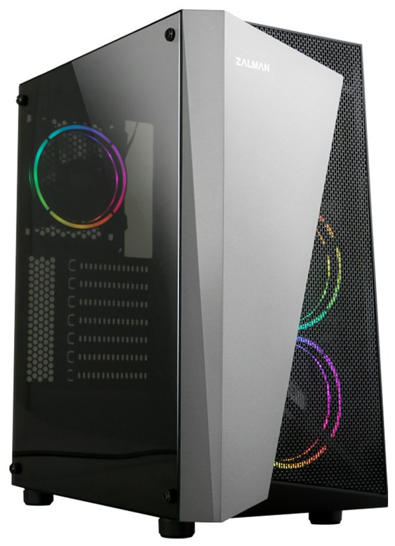 Na obrázku je PC skříň Zalman S4 Plus, černá/šedá z šikmého pohledu. Levá bočnice je průhledná (tónované sklo), takže je vidět vnitřek a svítící kruh ventilátoru s duhovým ARGB efektem. Přední část tvoří šedý šikmo tvarovaný panel a vedle něj je velká černá mřížka pro nasávání vzduchu, za kterou jsou vidět dva svítící ventilátory. Skříň stojí na nízkých nožkách a nahoře na čele je malé logo Zalman.