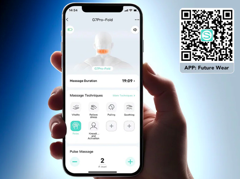 Mobilní aplikace Future Wear pro nastavení režimů masáže límce SKG G7 Pro-Fold