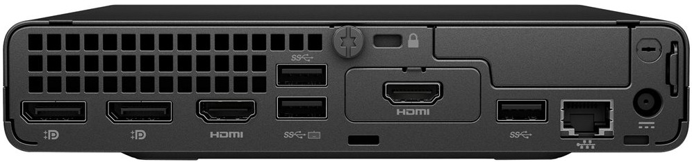Detail zadní strany mini počítače HP Pro Mini 400 G9 s bohatou sadou portů zahrnující USB-A vstupy i HDMI