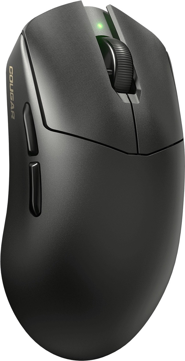 Na obrázku je bezdrátová herní myš Cougar Revenger PRO 4K z horního šikmého pohledu. Má matně černé tělo, výrazně klenutý ergonomický tvar a dvě boční tlačítka pro palec na levé straně. Uprostřed je vroubkované rolovací kolečko a nad ním svítí malá zelená stavová kontrolka. Na boku je zlatý nápis Cougar. Myš působí elegantně a jednoduše, bez výrazného barevného podsvícení.