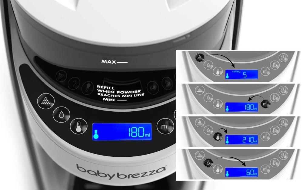 Ohřívač mléka Baby Brezza Formula Pro Advanced Classic bílý Detailní ohled na ovládací panel ohřívače mléka s různými znázorněnými možnostmi nastavení.