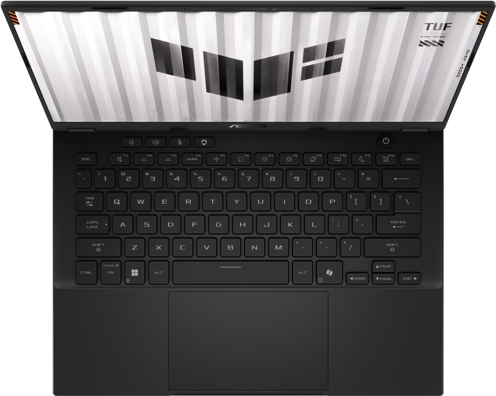 Notebook Asus TUF Gaming A14 šedý Pohled shora na klávesnici notebooku Asus TUF Gaming A14 s prostorným touchpadem
