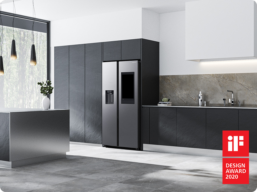 Lednice Samsung RS6HDG883EB1EF v kuchyni s minimalistickým designem a logem Design Award 2020