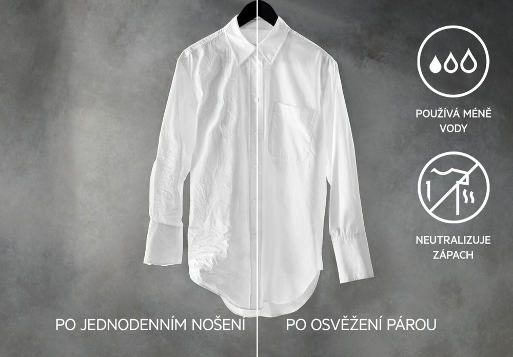 Vestavná pračka AEG ProSteam® 7000 L7FNE48SI bílá Vlevo košile zmačkaná po jednodenním nošení. Vpravo o poznání méně zmačkaná košile po cyklu parní osvěžení. Vpravo symboly – používá méně vody a neutralizuje zápach.