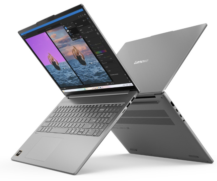 Notebook Lenovo IdeaPad Slim 5 16AKP10 šedý Šedý notebook Lenovo IdeaPad Slim 5 z několika úhlů s editorem na displeji