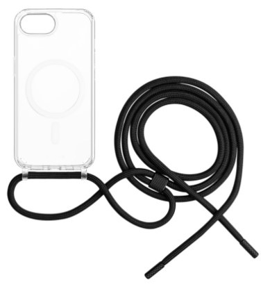 Kryt na mobil FIXED MagPure Neck s černou šňůrkou na krk na Apple iPhone 16e průhledný