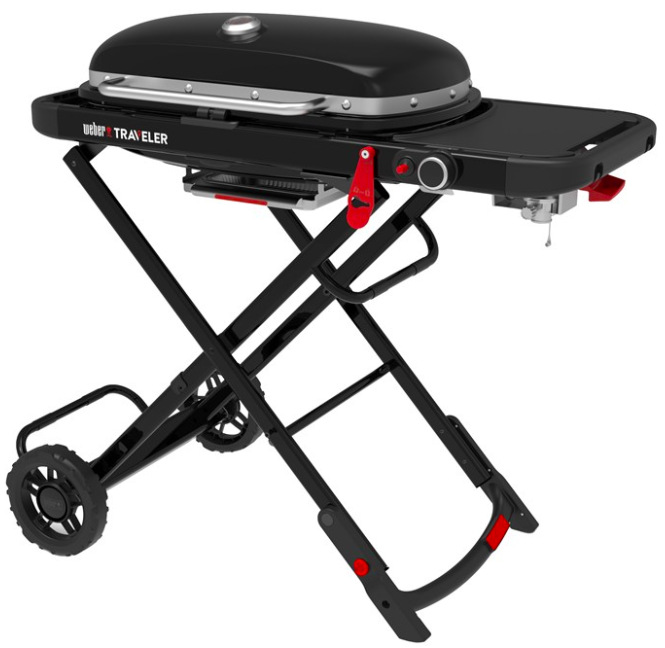 Zahradní plynový gril Weber Traveler v černém provedení se skládací konstrukcí na kolečkách