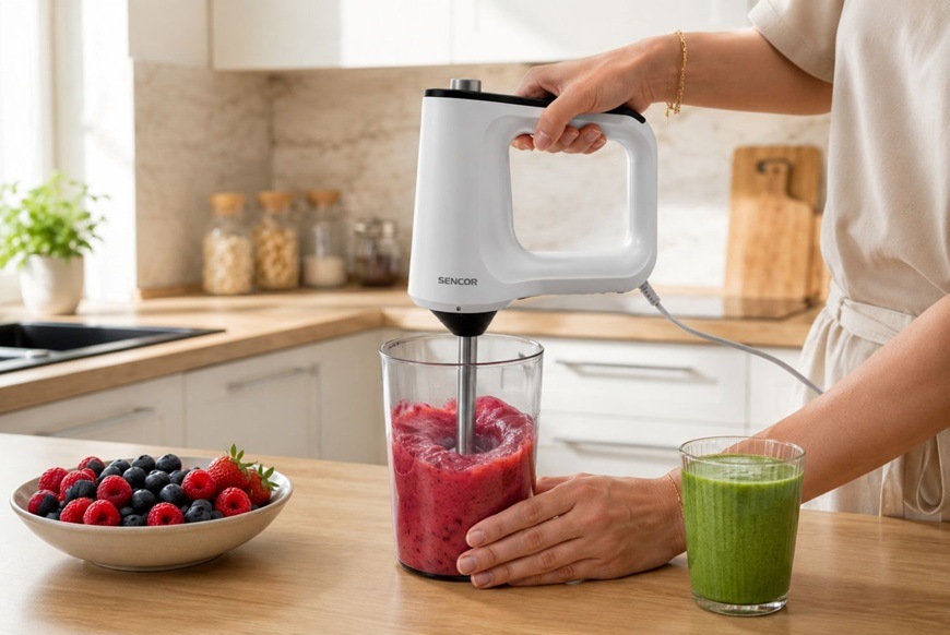 Žena připravuje z čerstvého ovoce domácí smoothie.