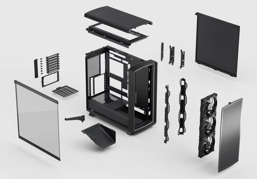 Case FRACTAL DESIGN Summit Ambience Blackout TG Light Tint černá Rozložená konstrukce skříně FRACTAL DESIGN Summit Ambience Blackout TG Light Tint s panely, ventilátory, držáky a prachovými filtry