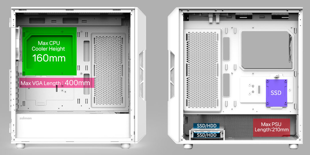 Case Zalman i3 Neo ARGB V2 bílá Zalman i3 Neo ARGB V2 pojme grafické karty o délce až 400 mm
