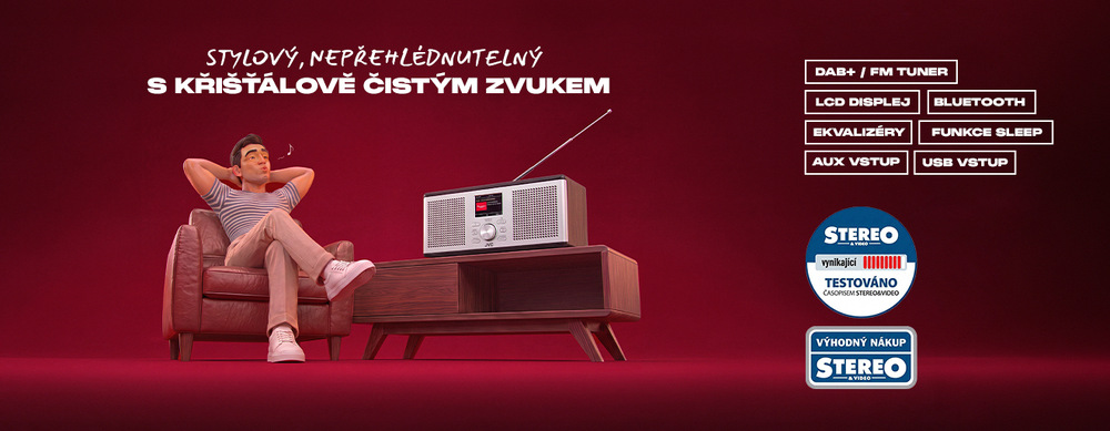 Radiopřijímač s DAB+ JVC RA-E775B-DAB černý/stříbrný Reklamní banner na stolní rádio JVC na vínovém pozadí. Muž odpočívá v křesle vedle rádia v dřevěném provedení umístěného na stolku. Vlevo je nápis „Stylový, nepřehlédnutelný s křišťálově čistým zvukem“. Vpravo jsou uvedeny funkce: DAB+/FM tuner, LCD displej, Bluetooth, Ekvalizéry, Funkce Sleep, AUX vstup a USB vstup, společně s oceněním „Vynikající – Testováno časopisem Stereo&Video“