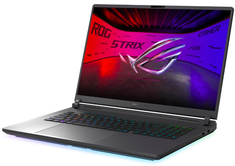 Asus ROG Strix G18 z bočního úhlu s RGB klávesnicí a 18" displejem