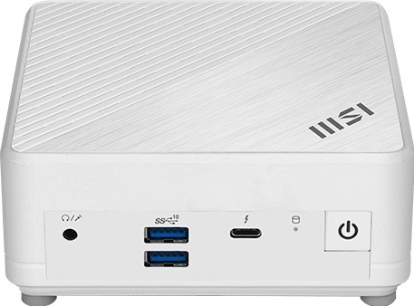 PC mini MSI Cubi 5 1M-647EU bílý Mini PC MSI Cubi 5 zepředu v bílém provedení, s dvěma USB-A, USB-C, audio konektorem a tlačítkem napájení.