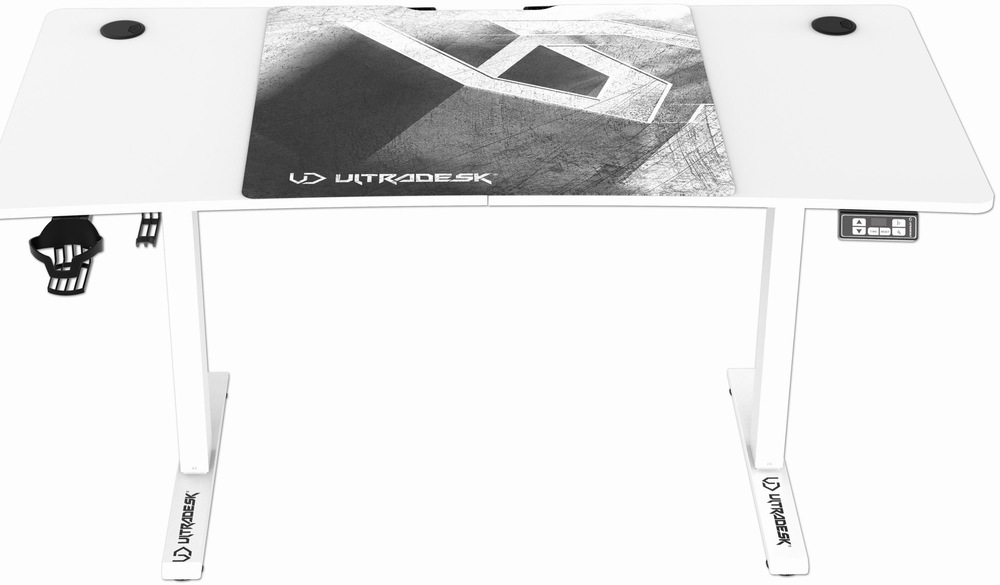 Přední pohled na herní stůl ULTRADESK LEVEL V2 WHITE.