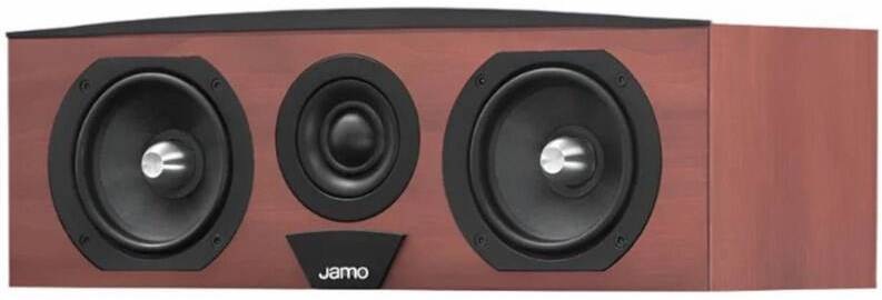 Centrální reproduktor Jamo C60 CEN MKII v dekoru dřeva s trojicí měničů na přední straně a logem Jamo uprostřed reproduktoru