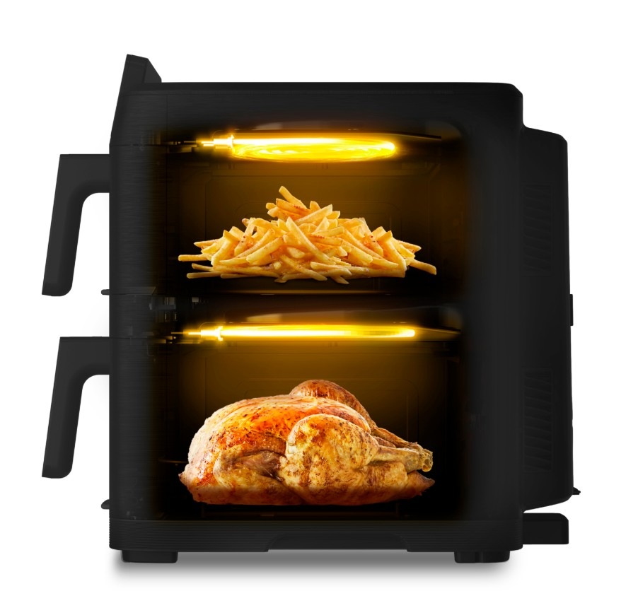 Fritéza horkovzdušná Tefal EY7568E0 Easy Fry Crispy Stack černá Technologie EvenFry a fritéza na dvě partra, kdy v horním patře jsou hranolky a ve spodním patře kuře