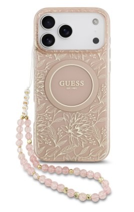 Kryt na mobil Guess IML Flowers Allover Strap MagSafe na Apple iPhone 17 Pro Max v růžové barvě