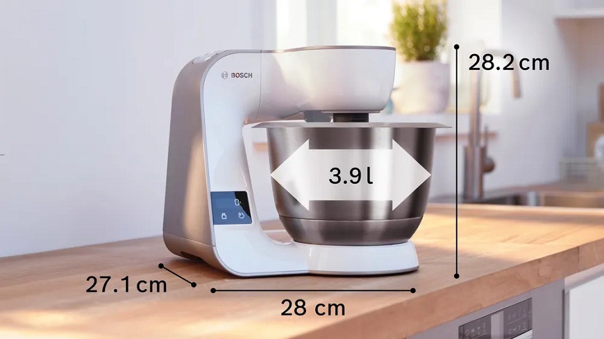 Kuchyńský robot Bosch MUM5XL74 s popsanými rozměry výšky, šířky a hloubky