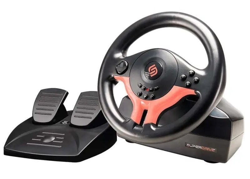Sada volantu a pedálů SUPERDRIVE SV250 SP Edition Red v černo-červené barvě.
