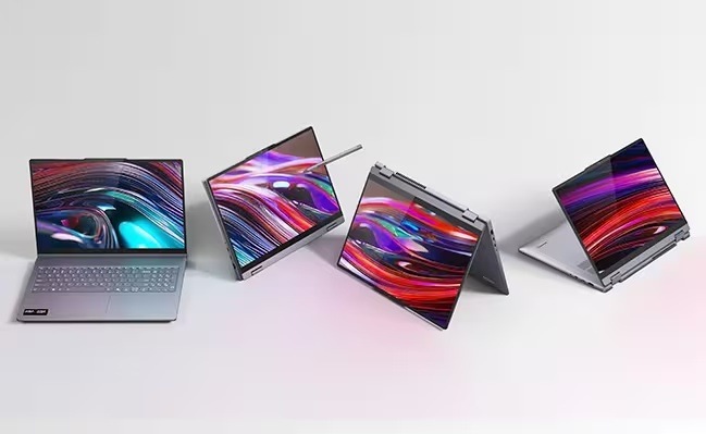 Notebook Lenovo IdeaPad 5 2-in-1 16AKP10 šedý Notebook Lenovo IdeaPad 5 v poloze laptopu, tabletu, stanu a tabletu se stojanem