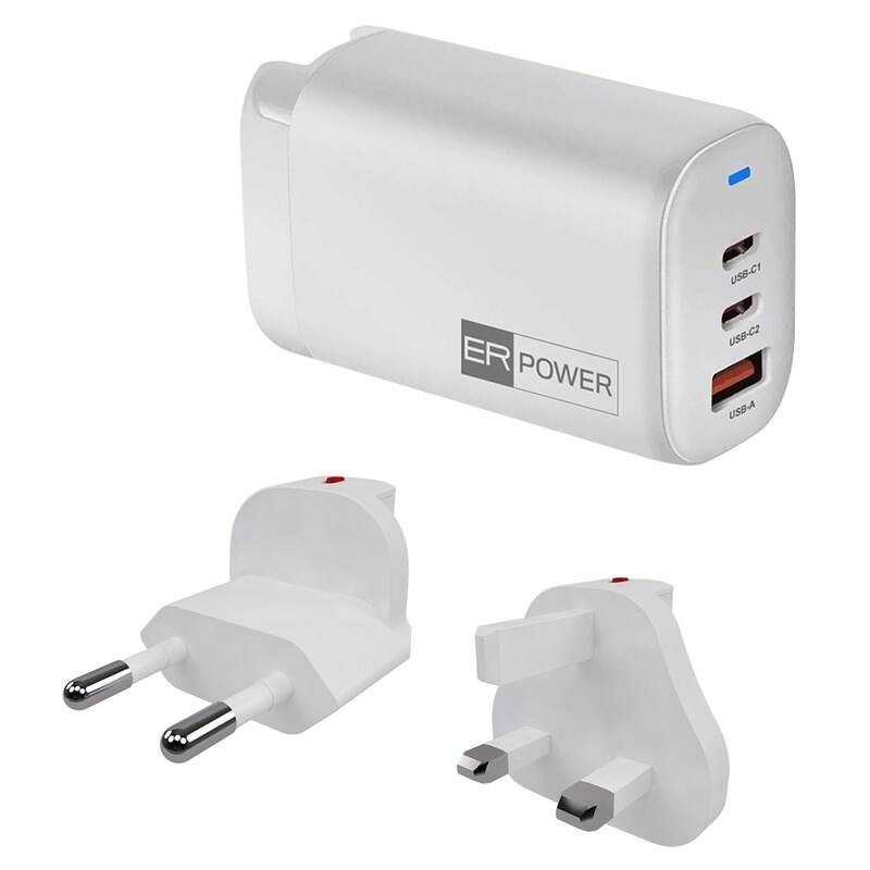 Cestovní adaptér ERPOWER GaN 2x USB-C, USB-A, 65W bílý