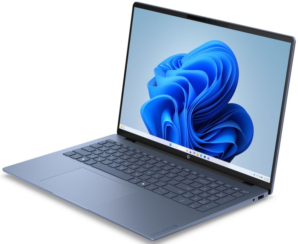 Notebook HP OmniBook 5 16-bn0001ncx + Game Pass předplatné na 2 měsíce modrý Notebook HP OmniBook 5 z bočního pohledu s klávesnicí a displejem