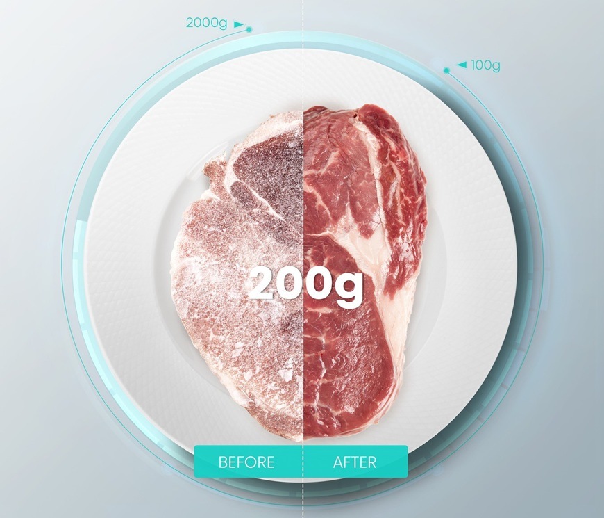 Mikrovlnná trouba Hisense BIM325GI63DBG černá Na talířku je hovězí steak o hmotnosti 200 g