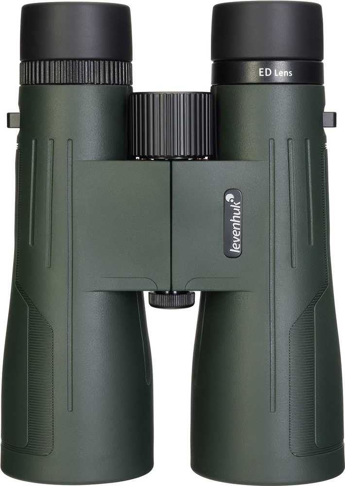 Dalekohled Levenhuk New Karma PRO ED 10x50 zelený Pohled shora na dalekohled s centrálním ostřicím kolečkem a černými očnicemi