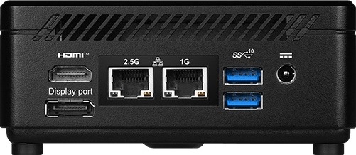 Zadní panel mini PC MSI Cubi 5 s HDMI, DisplayPortem, 2,5Gb/s a 1Gb/s LAN, dvěma USB-A a napájecím konektorem.