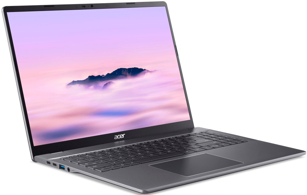 Notebook Acer Chromebook Plus 516 (CB516-1HT-57NV) šedý Pohled šikmo ze strany na Chromebook Plus 516 s bohatou konektivitou