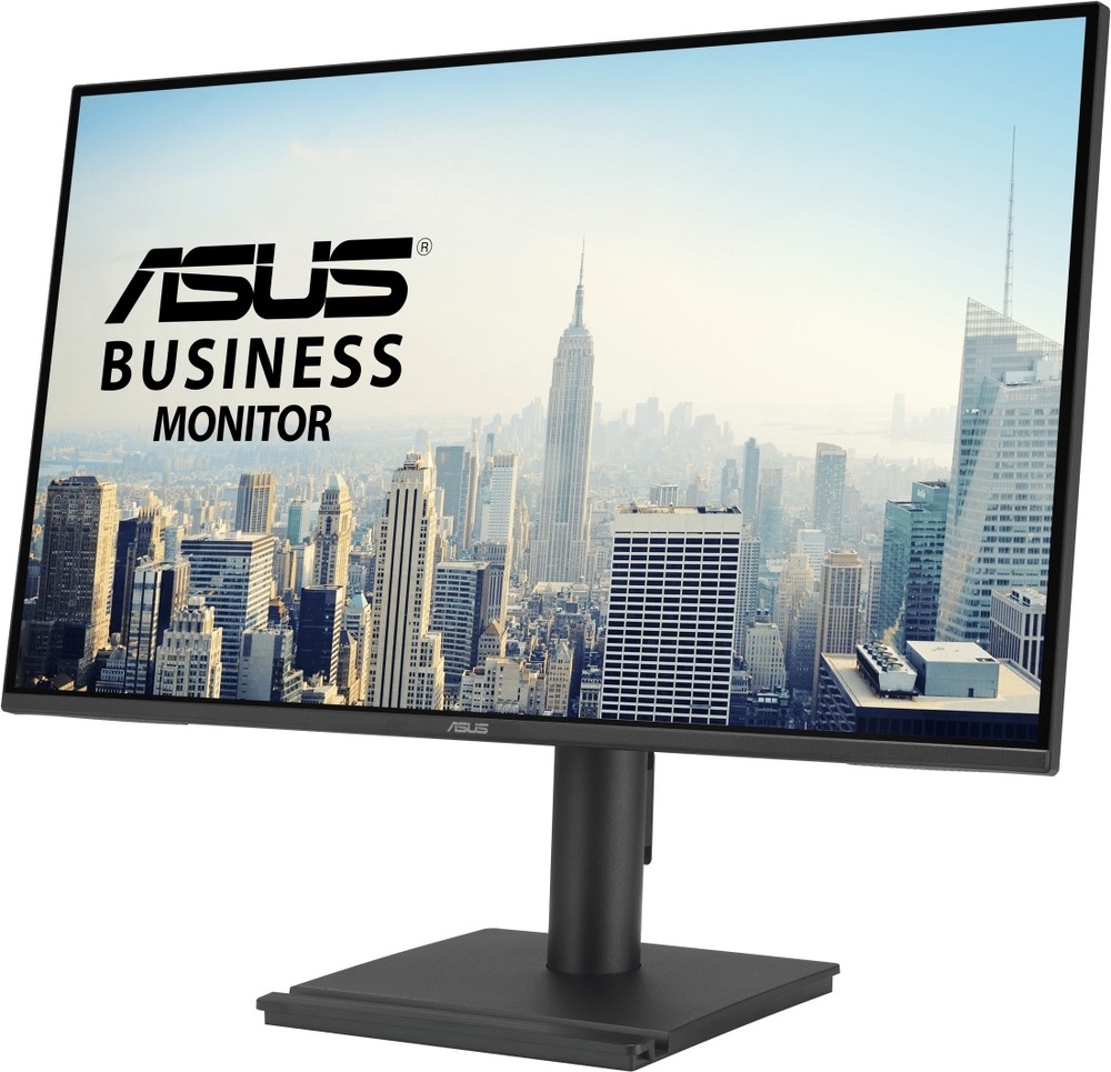 Na obrázku je monitor Asus BE27AQ 27" v tmavě šedém provedení z předního šikmého pohledu. Má tenké rámečky po stranách i nahoře a širší spodní lištu s logem Asus uprostřed. Monitor stojí na jednoduchém válcovém stojanu s hranatou plochou základnou. Konstrukce působí střídmě a kancelářsky, bez výrazných herních nebo dekorativních prvků.