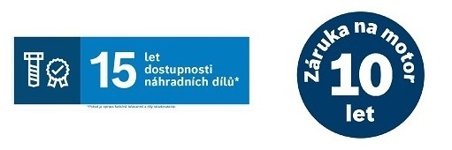 Loga záruk pro pračku Bosch: 15 let dostupnost náhradních dílů a záruka 10 let na motor